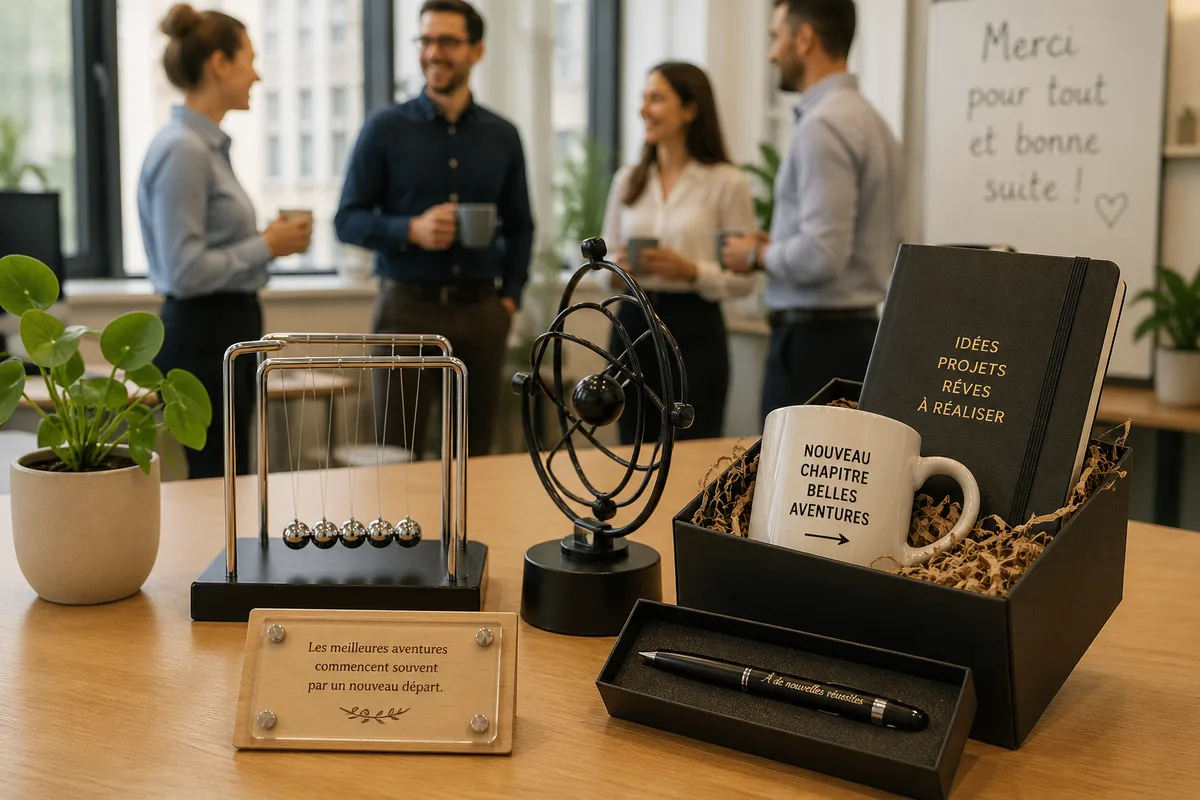 Cadeau collègue départ avec pendule de Newton sur un bureau